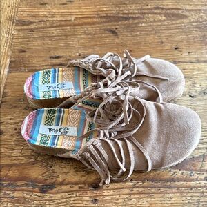 Very G Tan Suede Fringe Lace-Up Mule with Patterned Insole